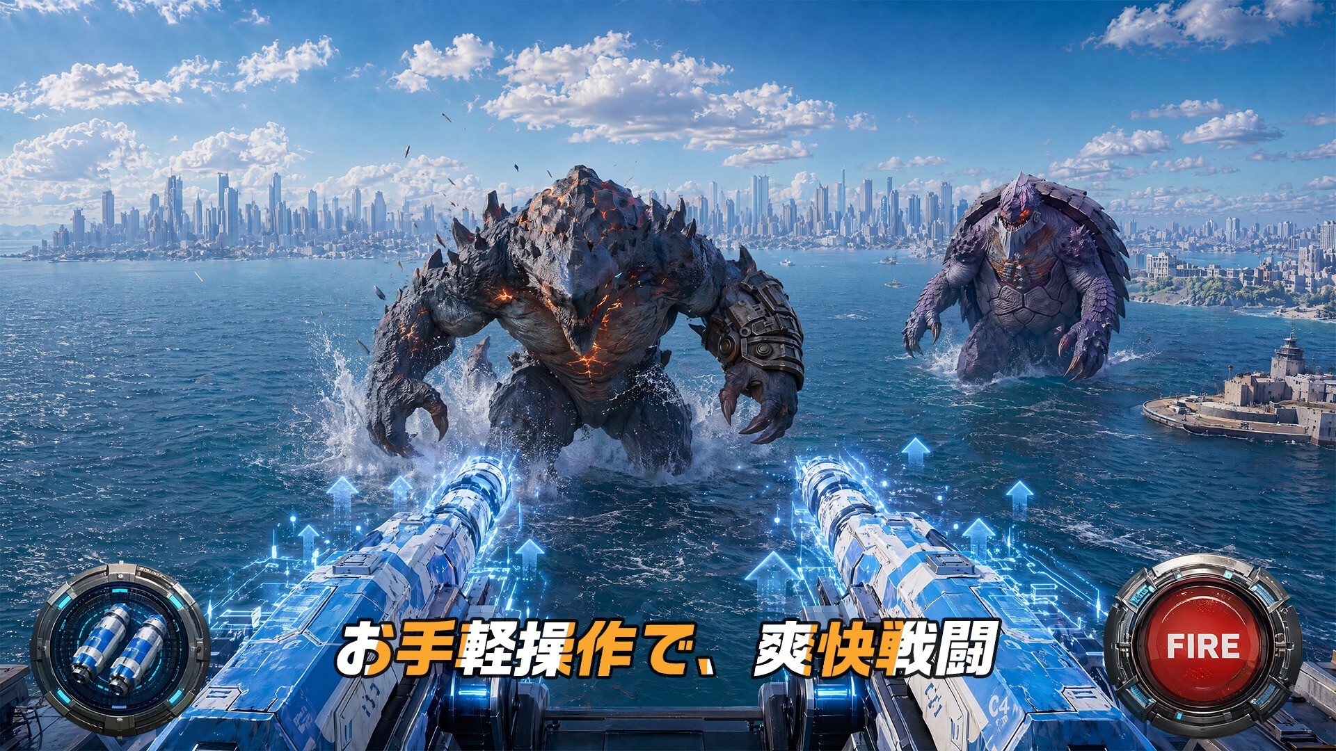 都市の遠景を背に海上へ現れた異獣2体と、強化エフェクトをまとう青い連装砲