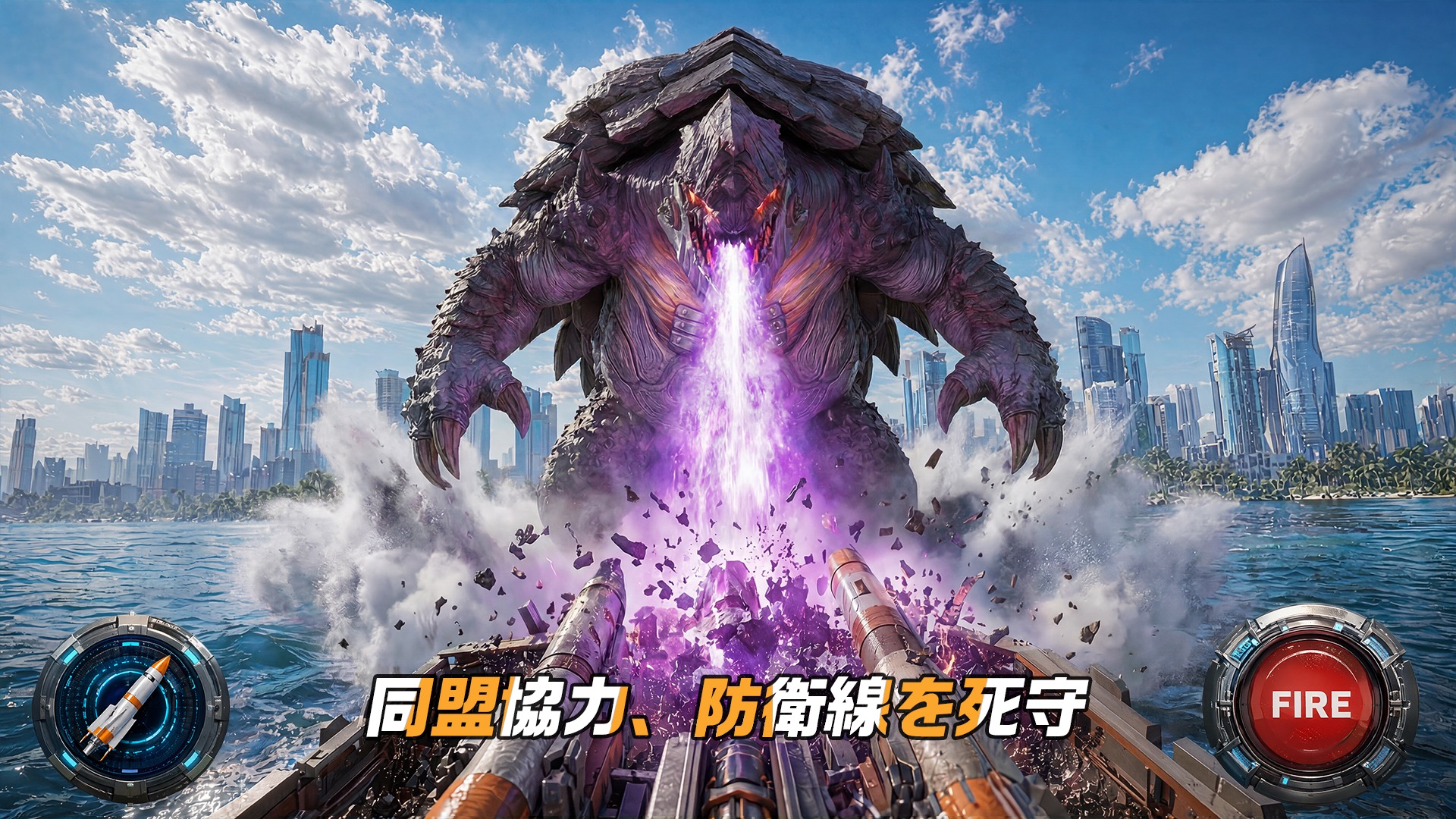 紫のブレスを放つ甲羅の巨大異獣を砲身越しに捉えた「同盟協力、防衛線を死守」の紹介画像